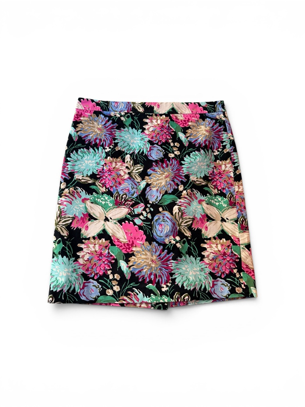 J. Crew Black Floral Skirt with Pink & Aqua Blooms